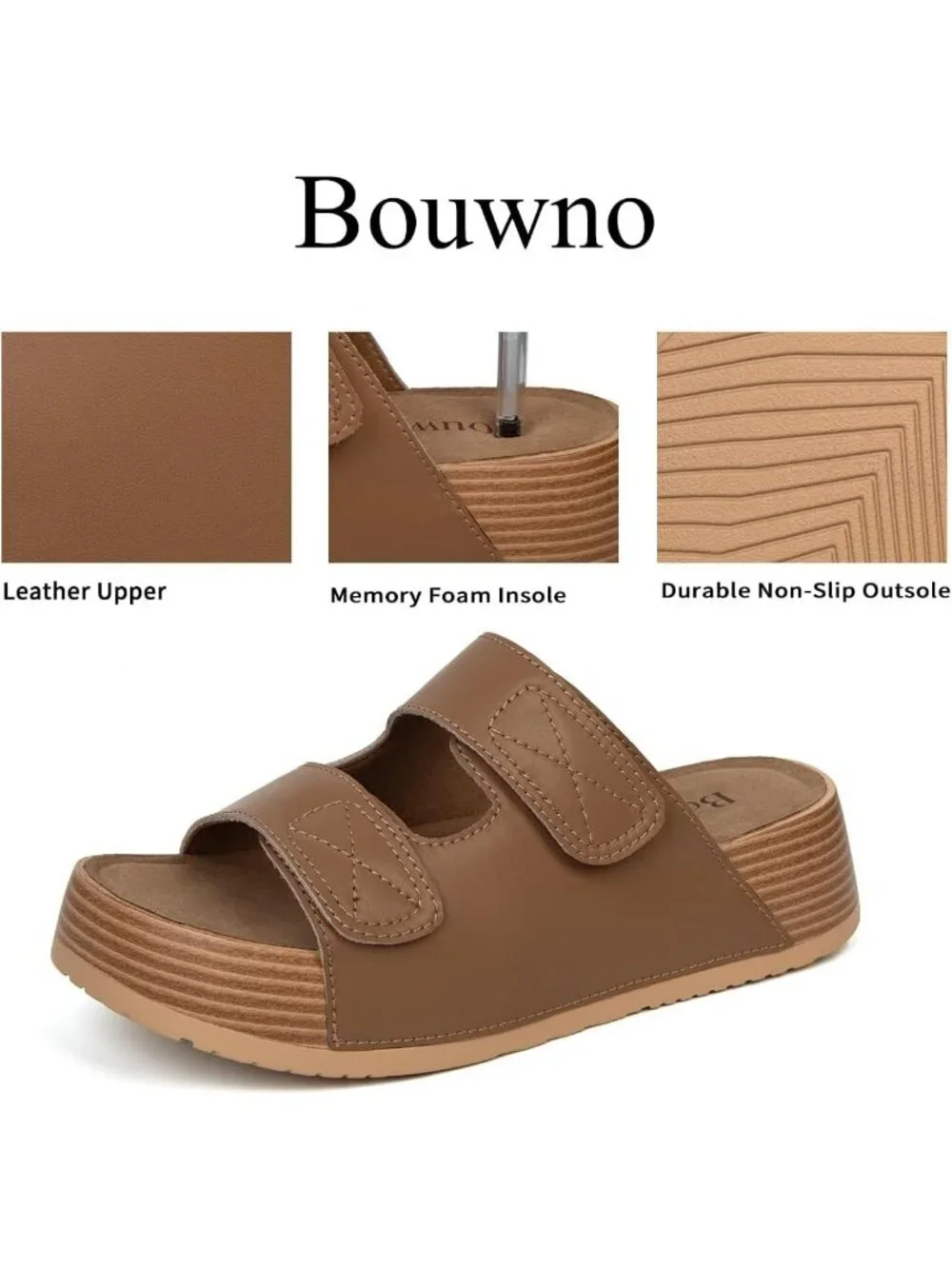 Women's Brown Genuine Leather Slip on Beach Slide Buckle Platform Sandal Shoes